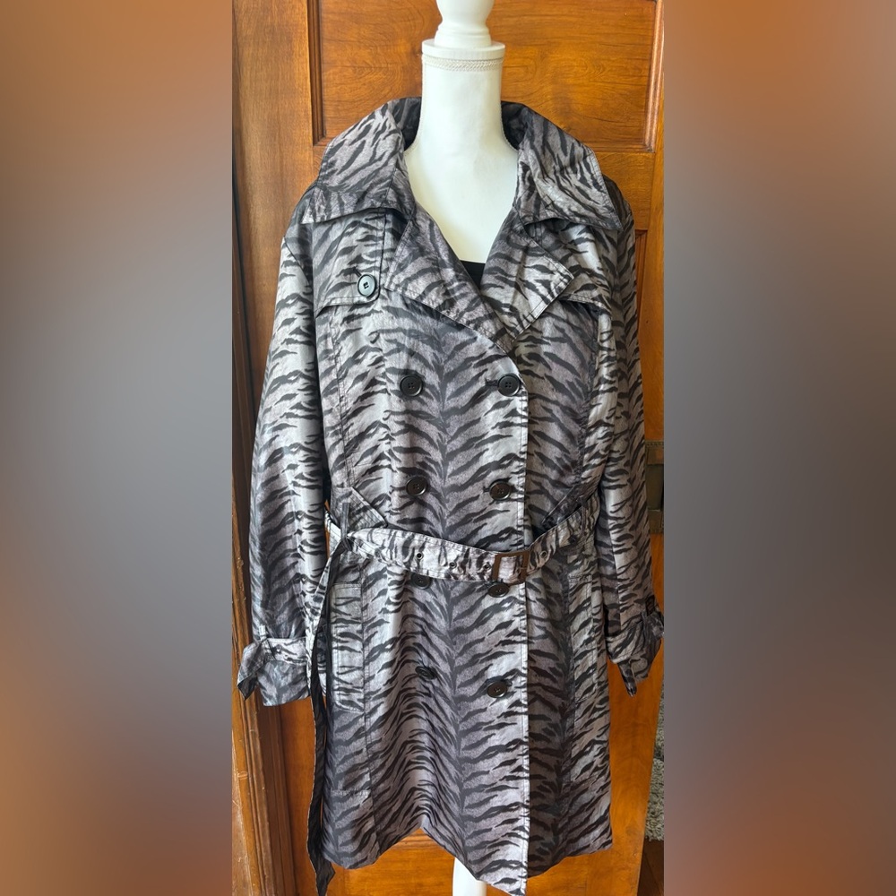 Avenue Double Breasted Belted Gray and Black Zebra Print Rain Coat